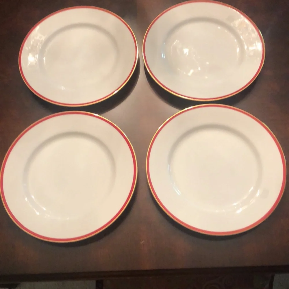 4 Vintage Crate&Barrel White Plates Red & Gold Rim New?